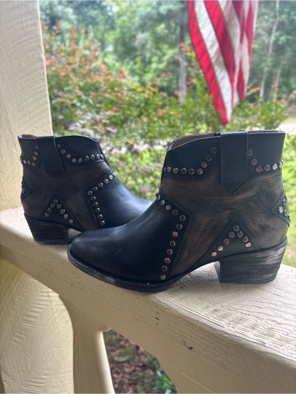 Circle G Black and Distressed Brown Studded Ankle Boots